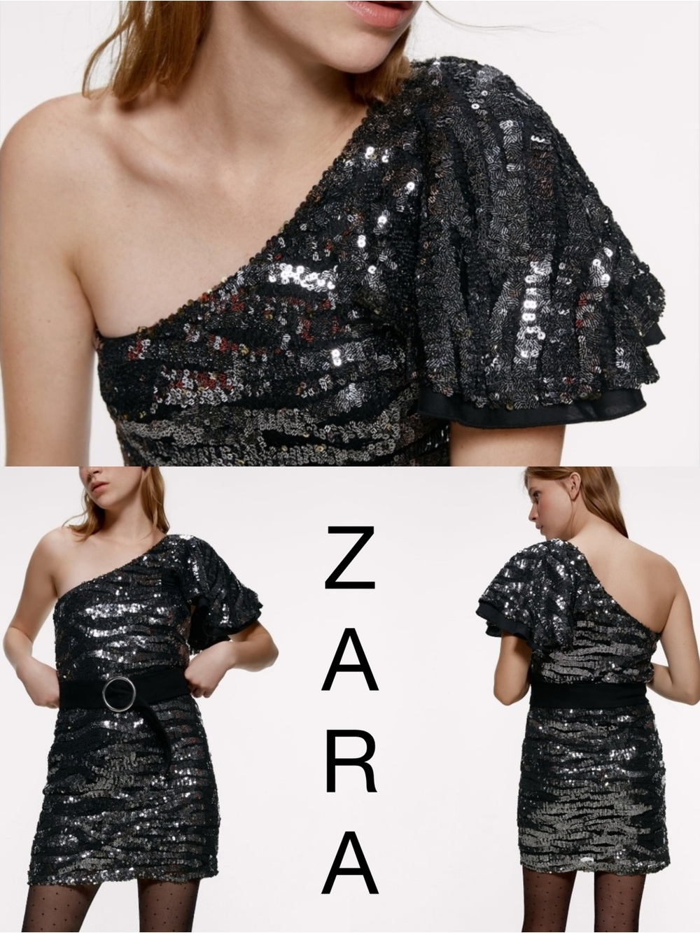 ZARA Black One-Shoulder Sequin Mini Dress with Puff Sleeve